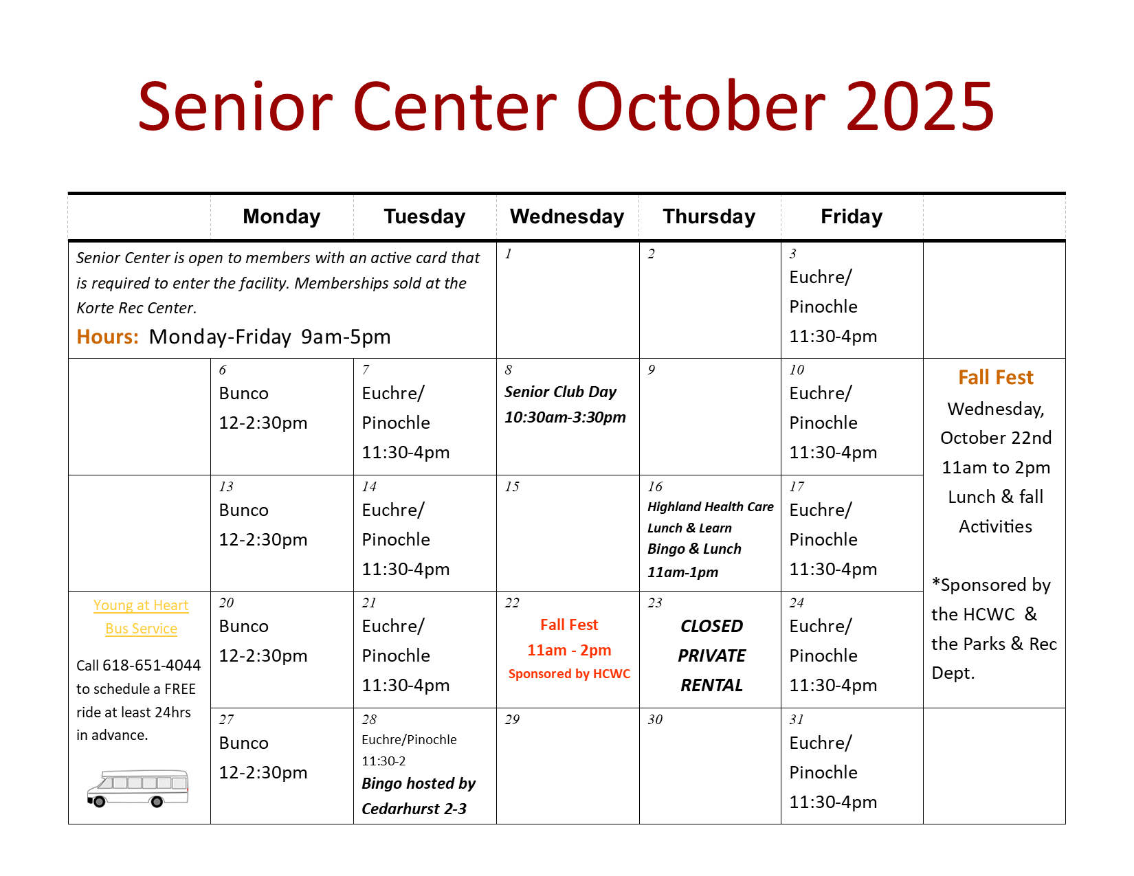 Senior Center Activity Schedule Oct 2025